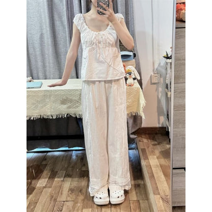 Mid Rise Plain Lace Panel Wide Leg Pants