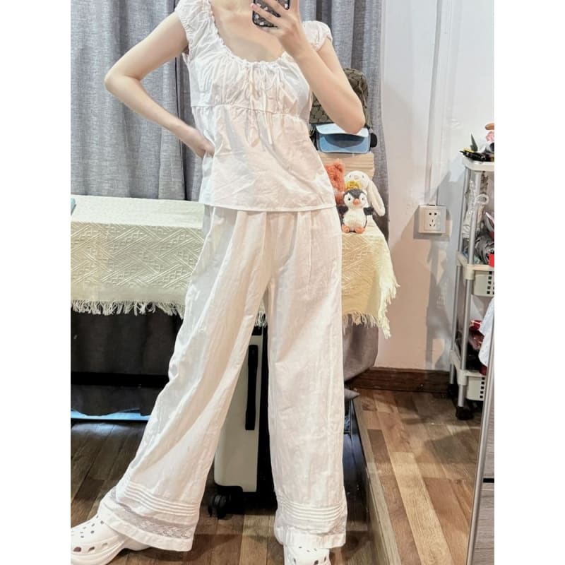 Mid Rise Plain Lace Panel Wide Leg Pants