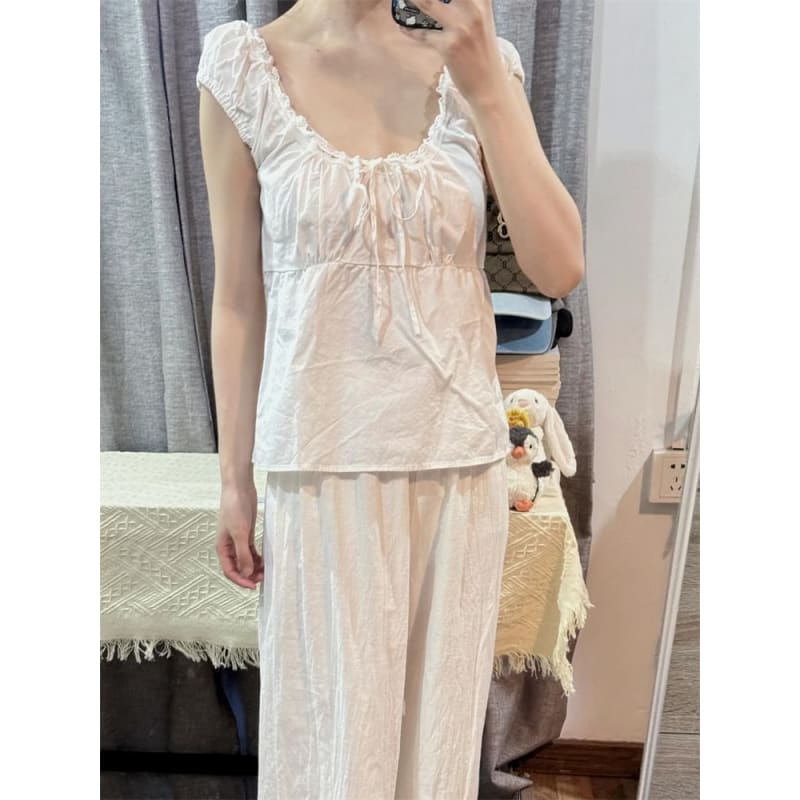 Mid Rise Plain Lace Panel Wide Leg Pants