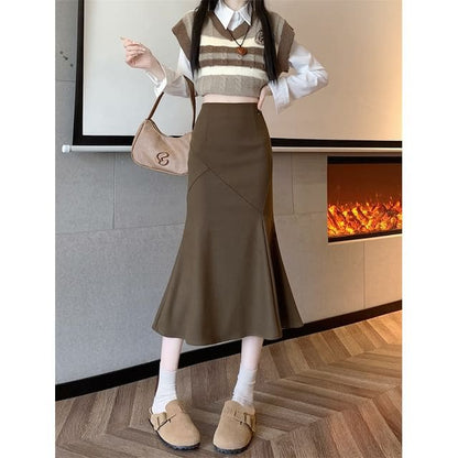 Mid Rise Plain Midi Mermaid Skirt - Coffee / S