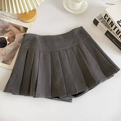 Mid Rise Plain Pleated Mini A-Line Skirt - Dark Gray / S