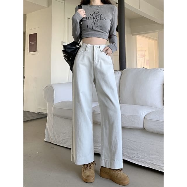 Mid Rise Plain Wide Leg Pants - White / S