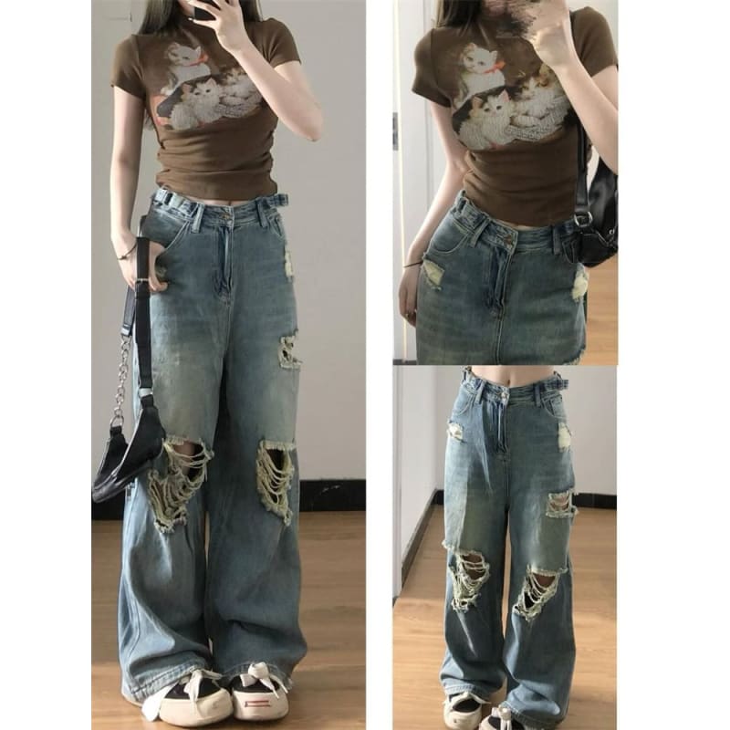 Mid Rise Ripped Washed Loose Fit Jeans