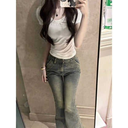 Mid Rise Washed Flared Jeans