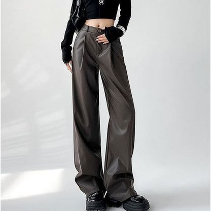 Mid Waist Faux Leather Wide Leg Plain Suit Pants