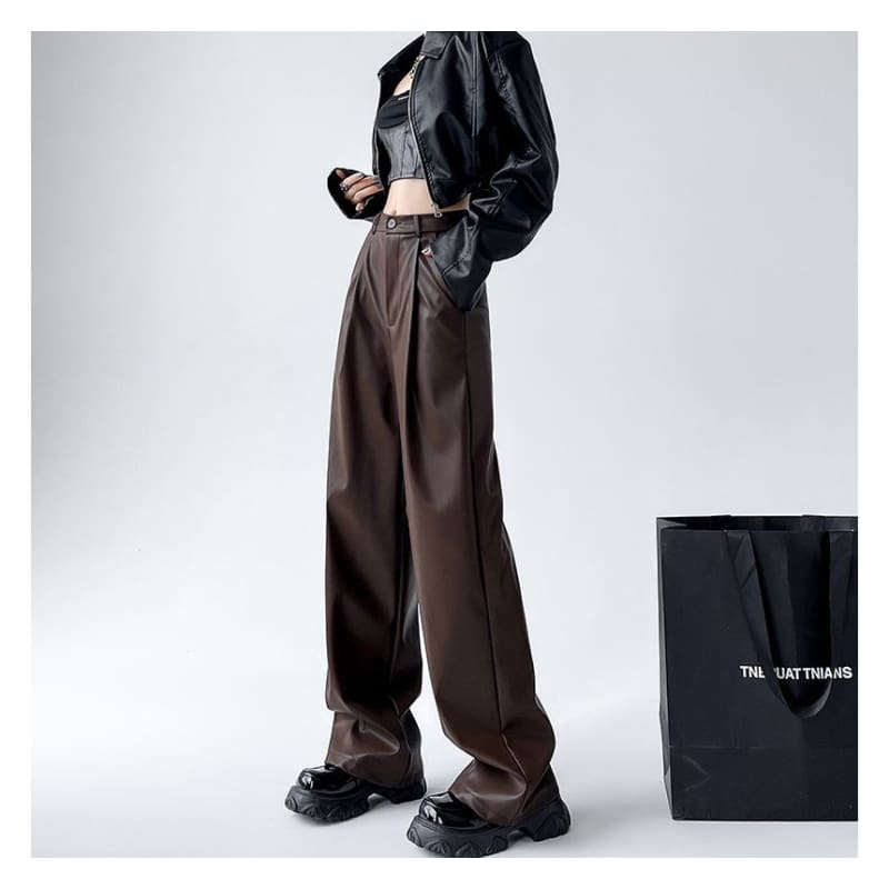 Mid Waist Faux Leather Wide Leg Plain Suit Pants