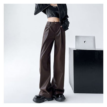 Mid Waist Faux Leather Wide Leg Plain Suit Pants