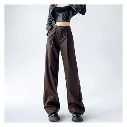 Mid Waist Faux Leather Wide Leg Plain Suit Pants