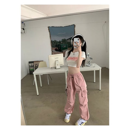 Mid Waist Plain Drawstring Cargo Baggy Pants