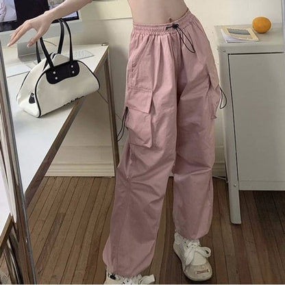 Mid Waist Plain Drawstring Cargo Baggy Pants