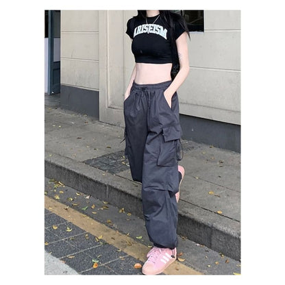 Mid Waist Plain Drawstring Cargo Baggy Pants