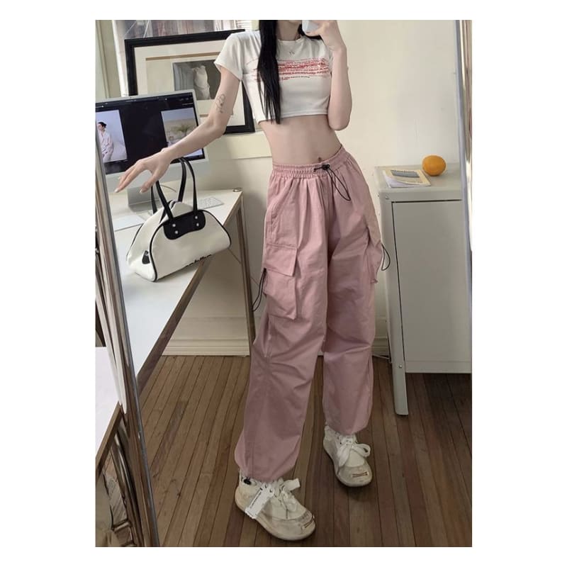 Mid Waist Plain Drawstring Cargo Baggy Pants