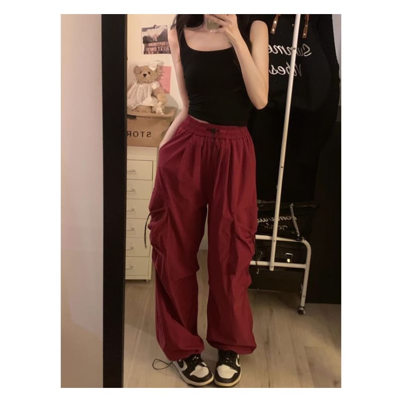 Mid Waist Plain Drawstring Cargo Baggy Pants