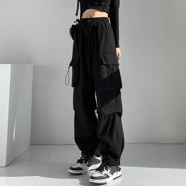 Mid Waist Plain Drawstring Cargo Baggy Pants - Black / S