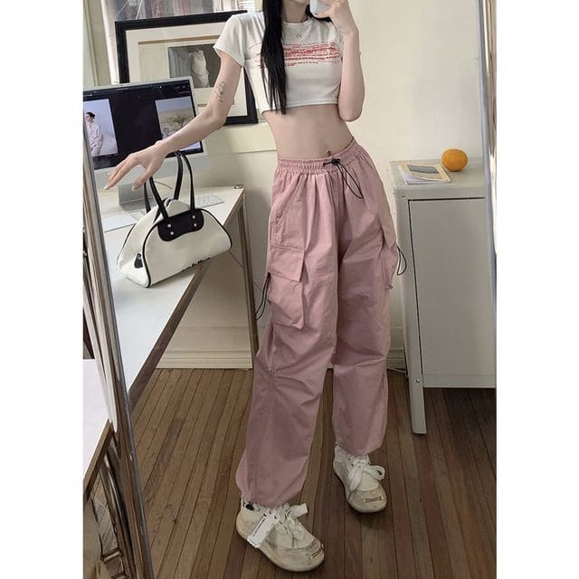 Mid Waist Plain Drawstring Cargo Baggy Pants - Pink / S