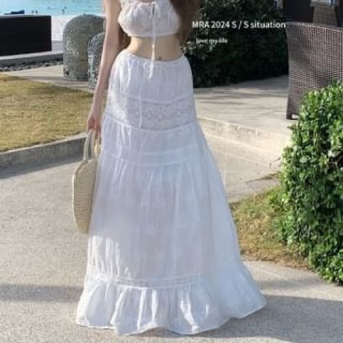 Mid Waist Plain Lace Trim Maxi A-Line Skirt - Skirt - White