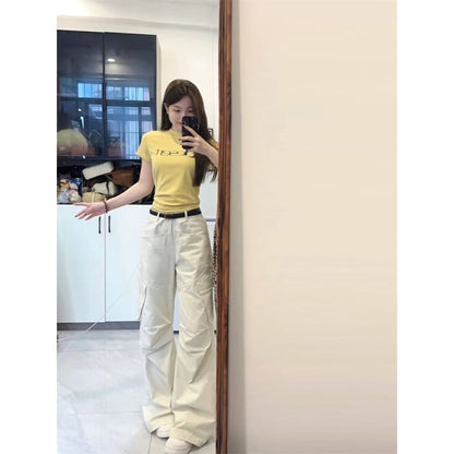 Mid Waist Plain Wide Leg Cargo Pants