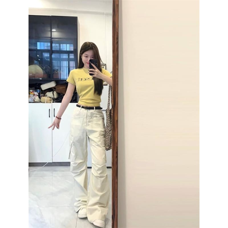 Mid Waist Plain Wide Leg Cargo Pants