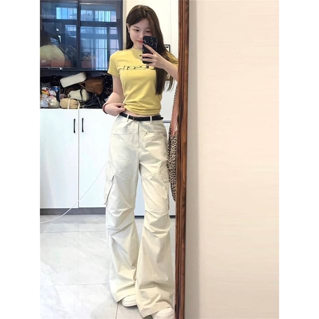 Mid Waist Plain Wide Leg Cargo Pants - Light Almond / XS