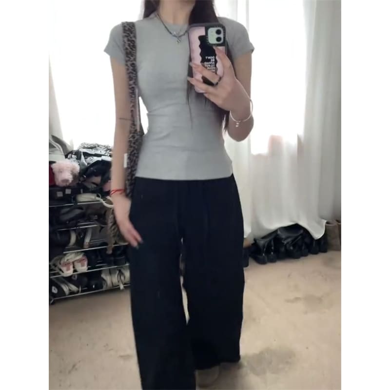 Mid Waist Plain Wide Leg Pants