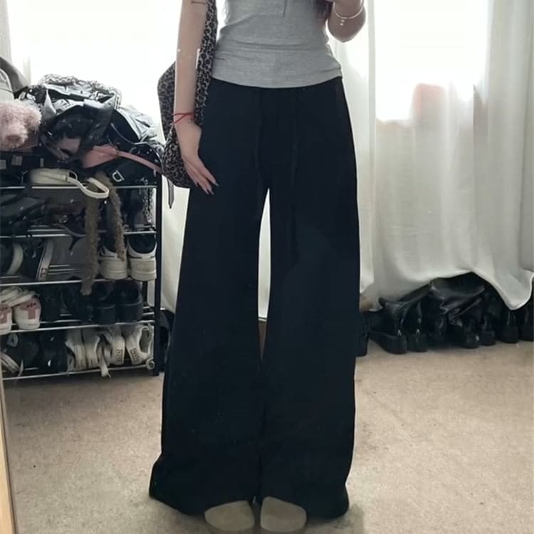 Mid Waist Plain Wide Leg Pants