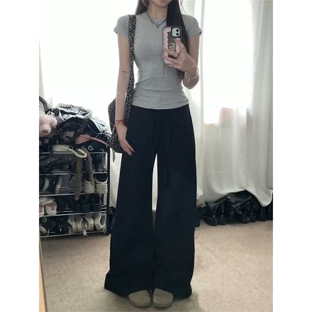 Mid Waist Plain Wide Leg Pants - Normal Edition - Black / XS