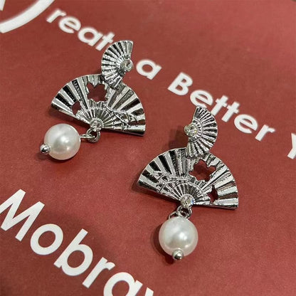 Mini Hand Fan Faux Pearl Alloy Dangle Earring