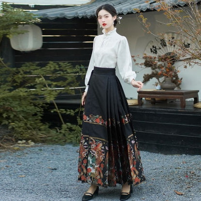 Mock Neck Plain Blouse / Mid Rise Hanfu Patterned Maxi