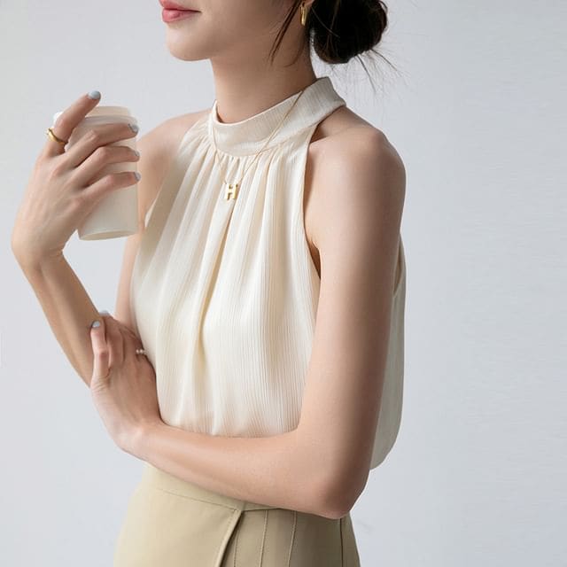 Mock Neck Plain Halter Top - Almond / S