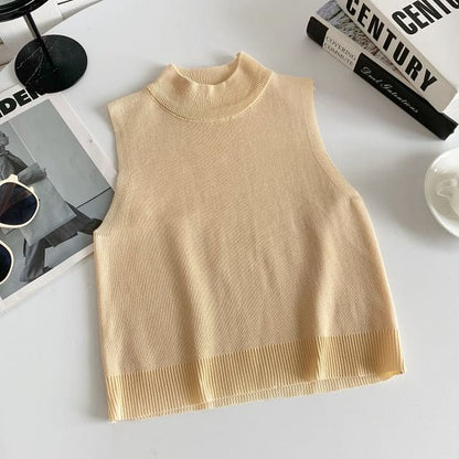 Mock Neck Plain Knit Tank Top - Almond / One Size