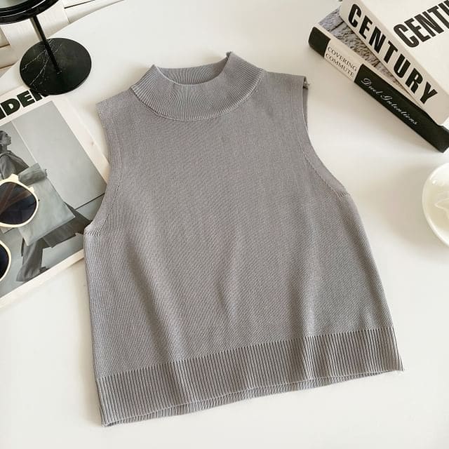 Mock Neck Plain Knit Tank Top - Gray / One Size