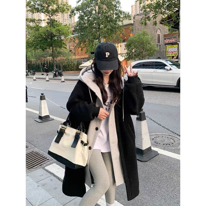 Mock Two Piece Hooded Faux Shearling Oversize Coat