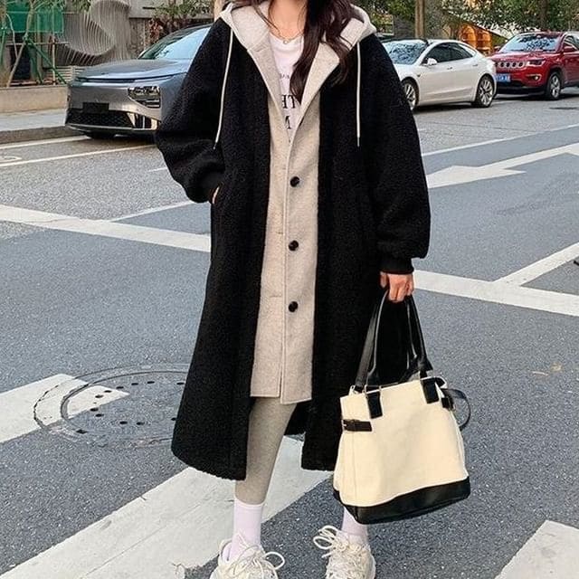 Mock Two Piece Hooded Faux Shearling Oversize Coat