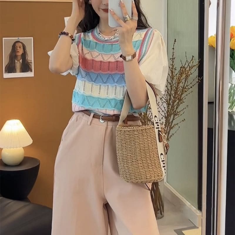 Mock Two-Piece Short-Sleeve Crewneck Striped Knit Top