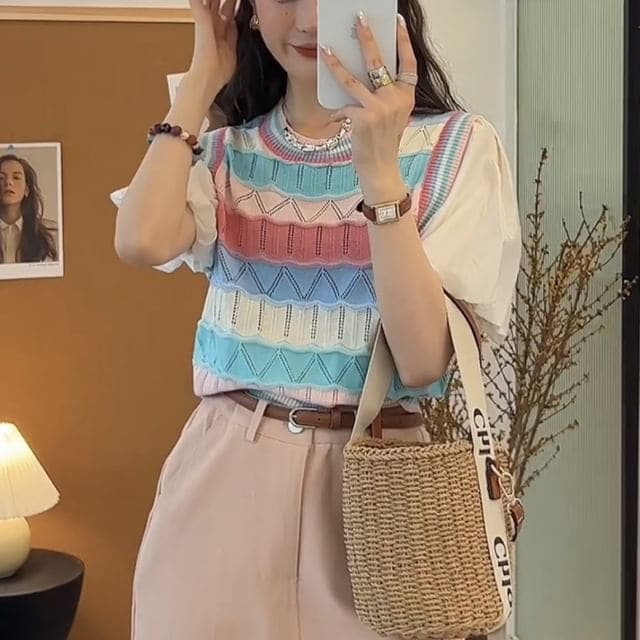 Mock Two-Piece Short-Sleeve Crewneck Striped Knit Top