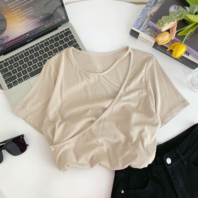 Mock Two-Piece Short-Sleeve Plain Asymmetrical Cutout Tee