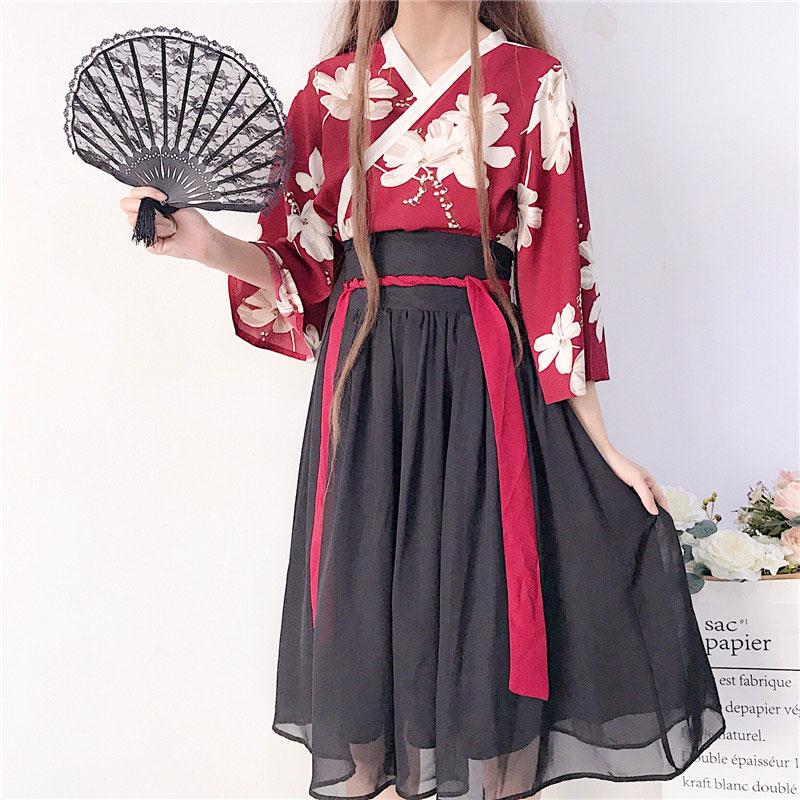 Floral Red Black Hanfu Costume Set