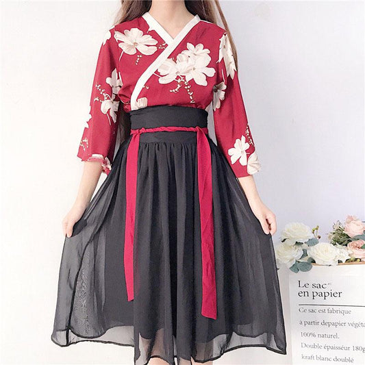 Floral Red Black Hanfu Costume Set - Set / Red & Black / XS