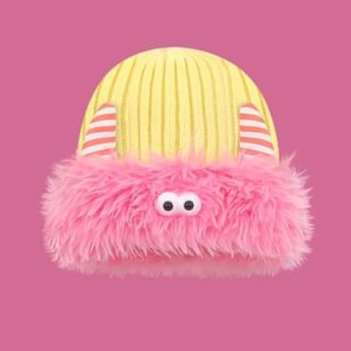 Monster Chenille Knit Beanie - Pink & Yellow / One Size