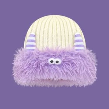 Monster Chenille Knit Beanie - Purple & Beige / One Size