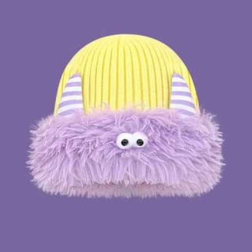 Monster Chenille Knit Beanie - Purple & Yellow / One Size