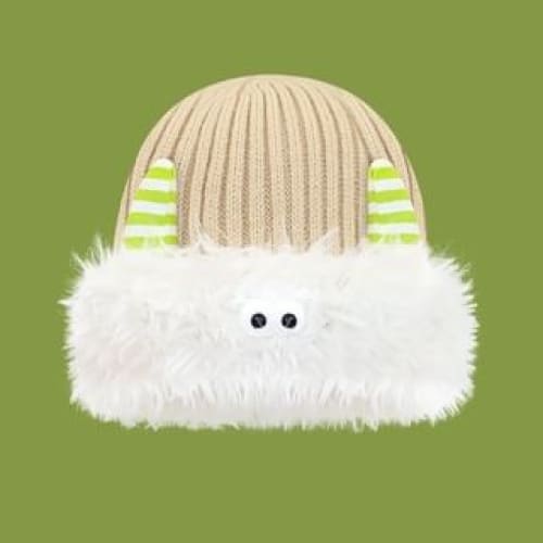 Monster Chenille Knit Beanie - White & Khaki / One Size