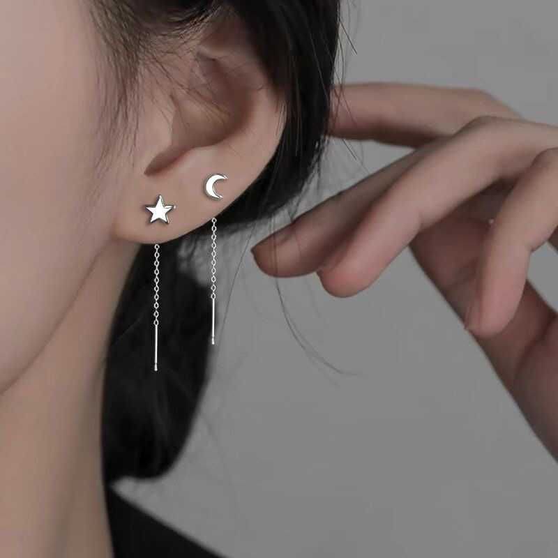 Moon & Star Asymmetrical Alloy Threader Earring