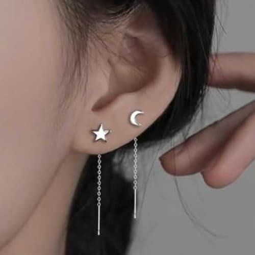 Moon & Star Asymmetrical Alloy Threader Earring