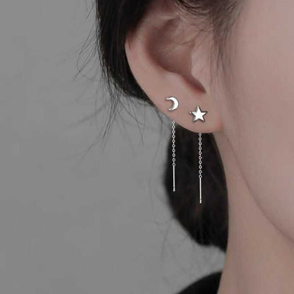 Moon & Star Asymmetrical Alloy Threader Earring