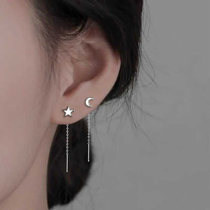 Moon & Star Asymmetrical Alloy Threader Earring