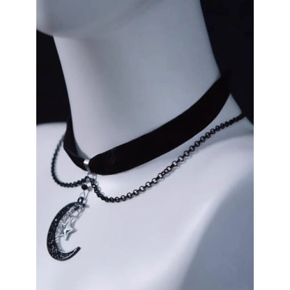 Moon Star Pendant Black Velvet Choker - Black / Free Size