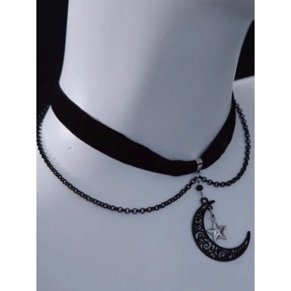 Moon Star Pendant Black Velvet Choker - Black / Free Size