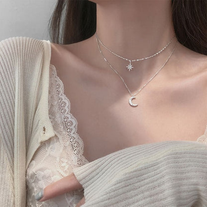 Moon & Star Pendant Layered Alloy Choker