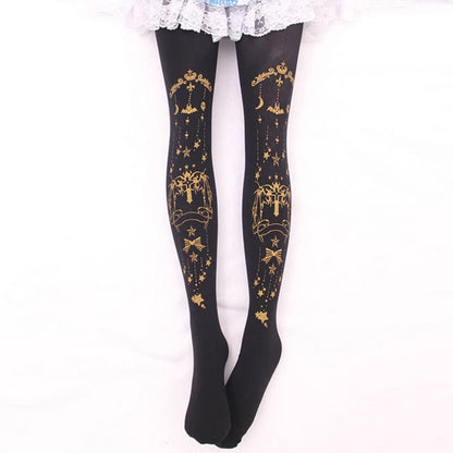 Moon-Star Printed Velvet Lolita Tights - Black / One Size